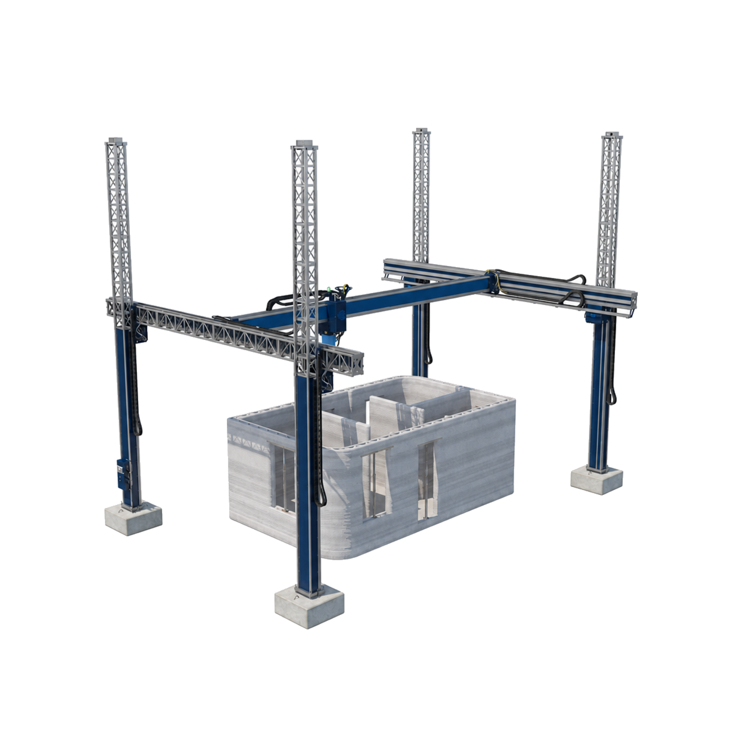 Vertis 3D gantry printer building a monolithic concrete house on site